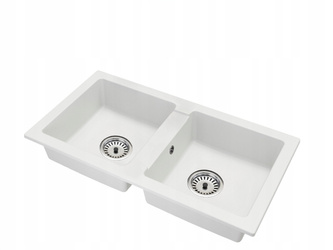 Granitový drez biely 43,6 × 82 cm, 2 misy + sada sifónu