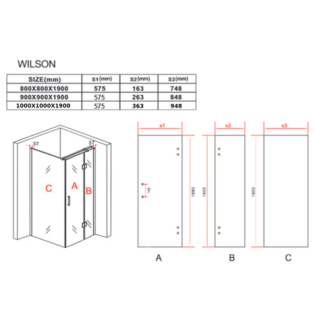 WILSON ŠTVORCOVÁ SPRCHOVÁ KABÍNA TRANSPARENTNÁ - 100X100X190 ČIERNA