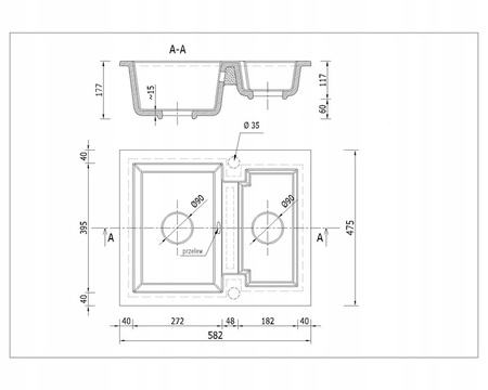 Drez Kuchynský Béžový 47,5x58,2 cm, Granitový Drez 1,5 Komory + Sifón