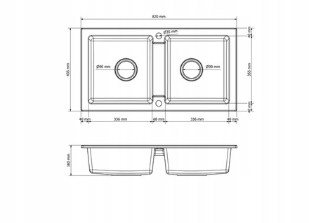 Granitový drez čierny 43,6 × 82 cm, 2 misy + sada sifónu