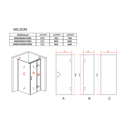 SPRCHOVÝ KÚT WILSON ŠTVORCOVÝ TRANSPARENTNÝ - 80X80X190 CHRÓM