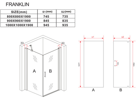 SPRCHOVÝ KÚT FRANKLIN ČIERNY S ČIERNYM NÍZKYM SPRCHOVÝM BRODZIKOM ŠTVORCOVÝ TRANSPARENTNÝ - 80X80X190