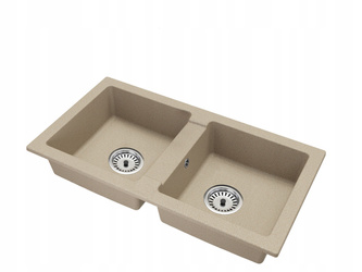 Granitový drez béžovy 43,6 × 82 cm, 2 misy + sada sifónu