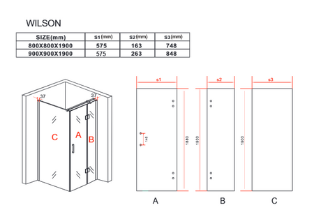 WILSON ŠTVORCOVÁ SPRCHOVÁ KABÍNA TRANSPARENTNÁ - 90X90X190 ČIERNA