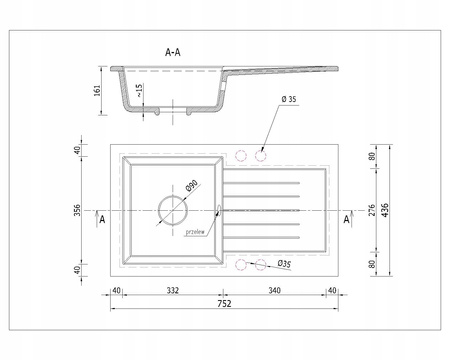 Drez Granitový Kuchynský 75x43,5 cm, 1 Komora + Sifón, Čierny